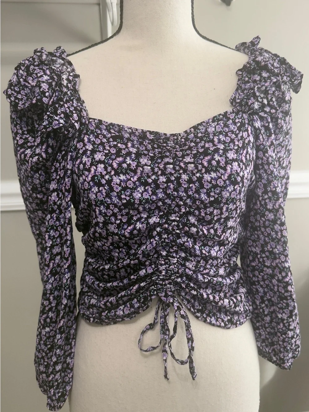 Zara Purple Floral Cottagecore Ruched Crop Top L 318